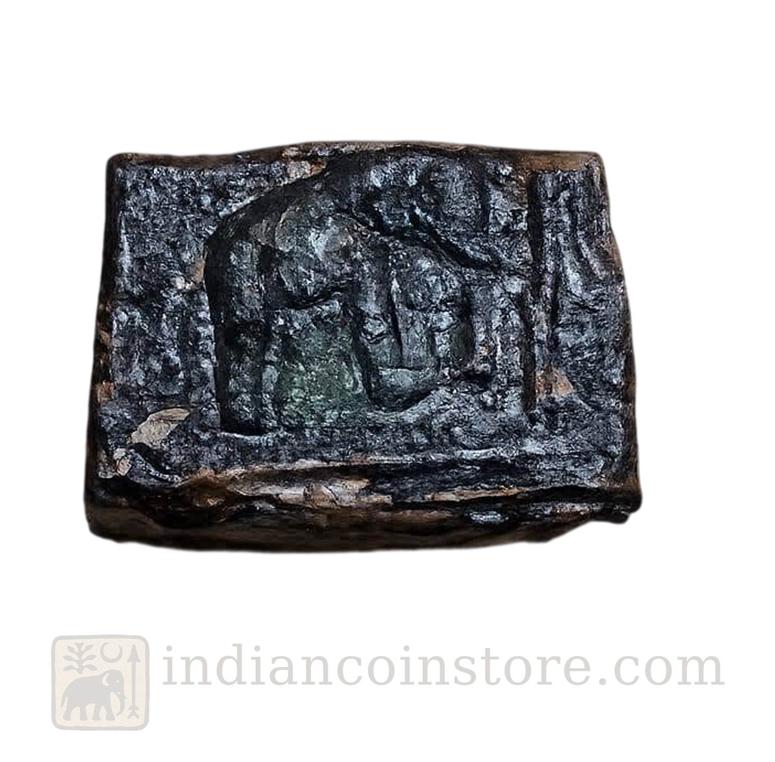Sangam Chola copper coin showing elephant facing right with ankush